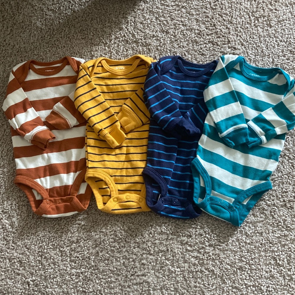 3 Month Rugby Style Striped Long Sleeve Boy Oneies Bundle 100% Cotton